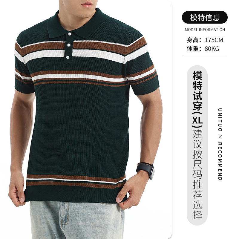 Hombres Waffle Stripe Polo Casual de negocios de alto nivel con collar de manga corta camisa de punto Paul