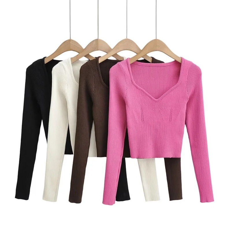 European and American Spice Girls Autumn and Winter Sexy Slim-fit Spoon Collar Long-sleeved Knit Shirt Women's Short Navel Knitted Base Top