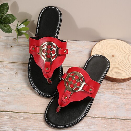 Summer Round-Toe Toe-Tie Metal Buckle Herringbone Slides Fashion Plus Size Flat Cool Slippers