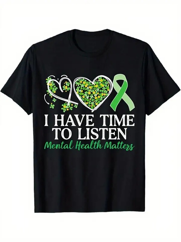 Mental Health Awareness T-Shirt - Black T-Shirt with Heart Pattern, Clover and Stethoscope Design