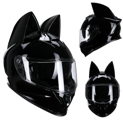 3C Certified Cat Ear Electric Motorcycle Helmet, Travel and Work Clothing, All-Season Bluetooth Personalized Motorcycle Full-Face Helmet (Motosiklet kaskı (dəbilqə)) - bright-black-cat-clear-lenses-s50-53cm