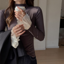 天丝莱赛尔袖口拼接半高领内搭打底衫女长袖正肩t恤秋冬修身上衣