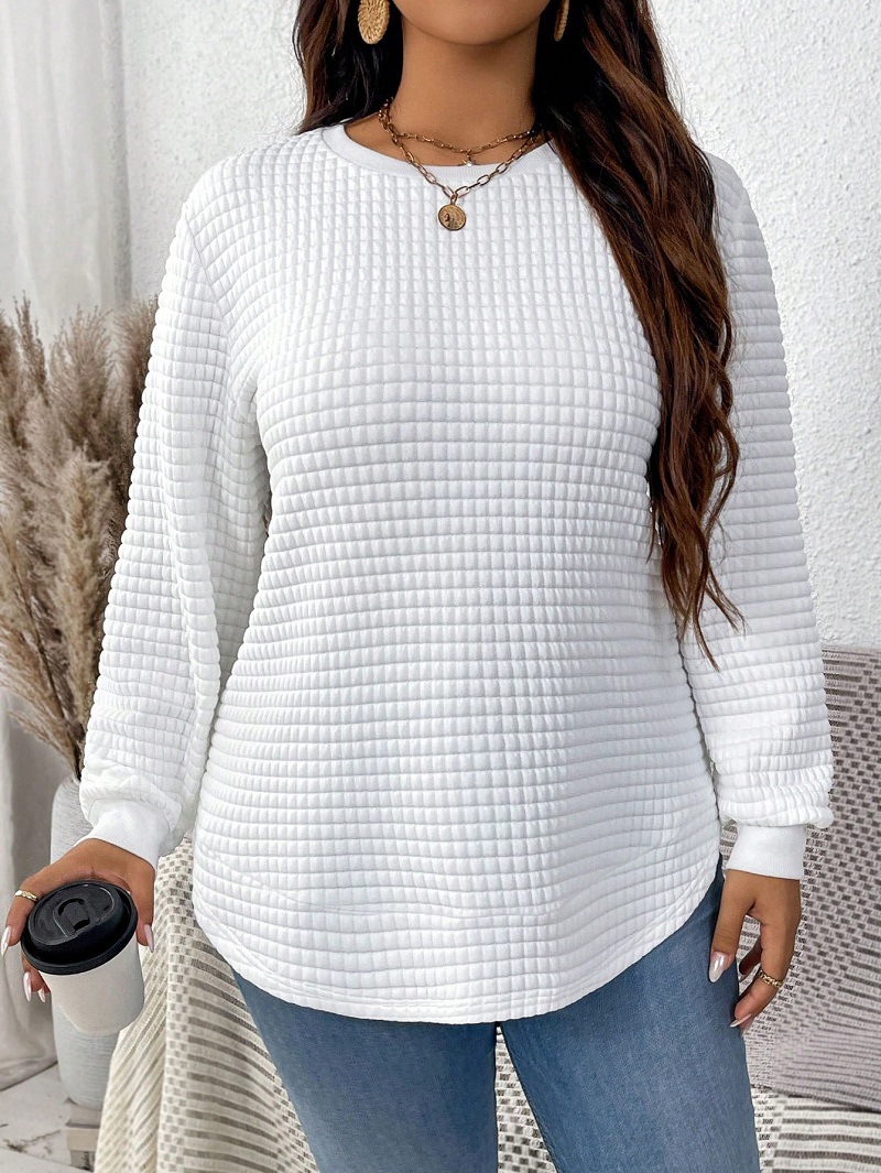 Transfronterizo de ropa de mujer de tamaño grande nueva camiseta casualidad de color sólido cuadrado con cuadrícula y redonda de abbillado otoño y invierno