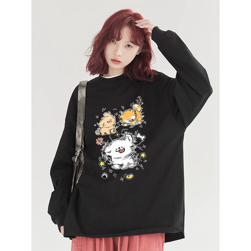 American-style anime white T-shirt for women, spring and autumn loose niche long-sleeved top, pure cotton inner layer base shirt, Instagram style
