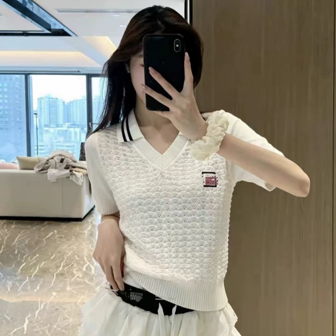 Correct letter version MU brand color-blocked striped collar solid color hollow knit polo shirt short sleeve women's simple style T-shirt