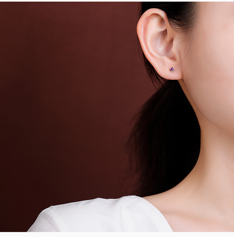 Bông tai bạc S925 đính đá thạch anh tím hạt tròn cổ điển — Kiểu màu bạc chi tiết 6