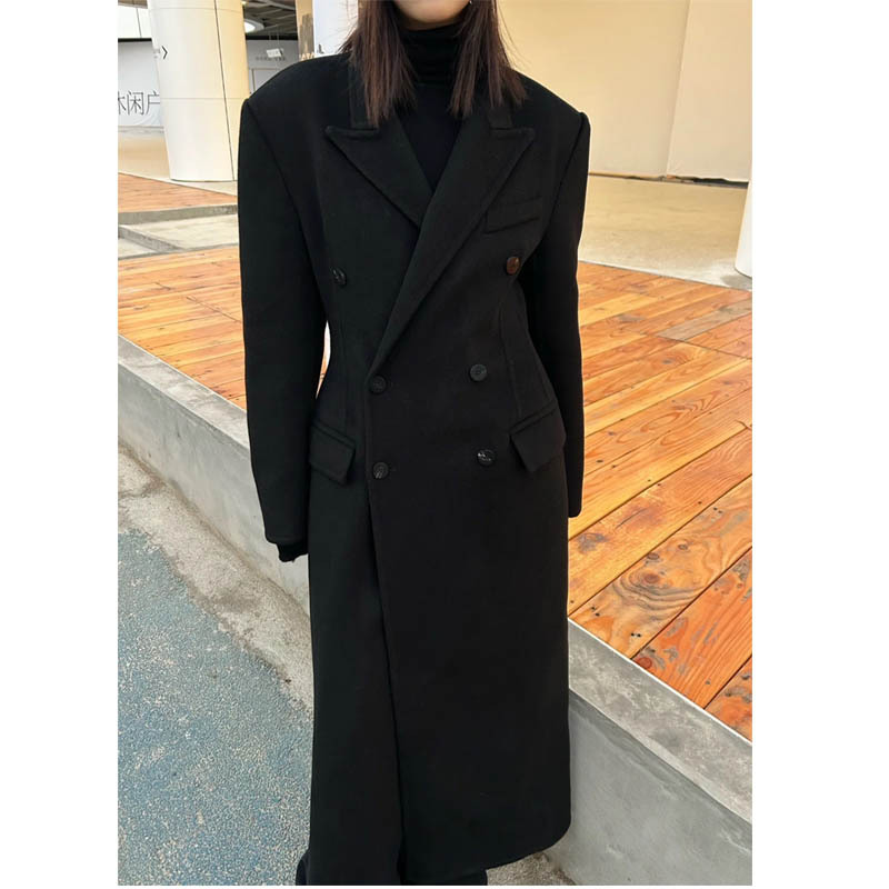 2024 새로운 가을과 겨울 새로운 한국 캐시미어 더블 버클 모래 시계 허리 롱 코트 세트 칼라 코트
