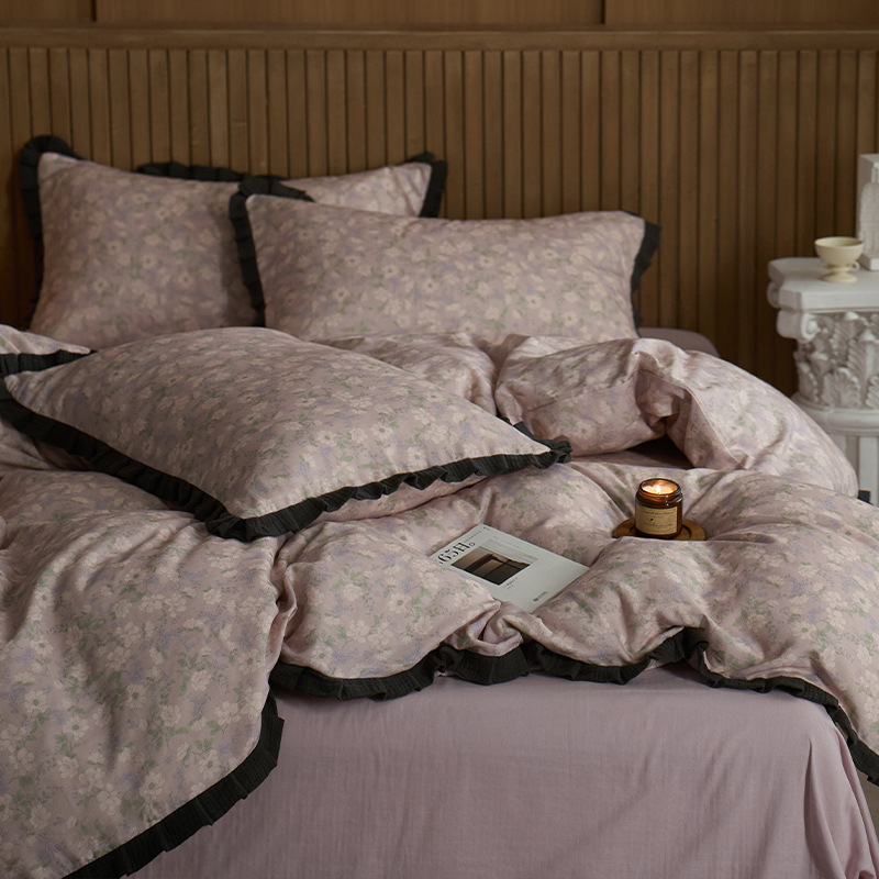 Conjunto de cama de quatro peças em algodão puro, estilo vintage boho francês nórdico, com capa de edredom de renda de gaze texturizada, em algodão de alta qualidade._voghion.com