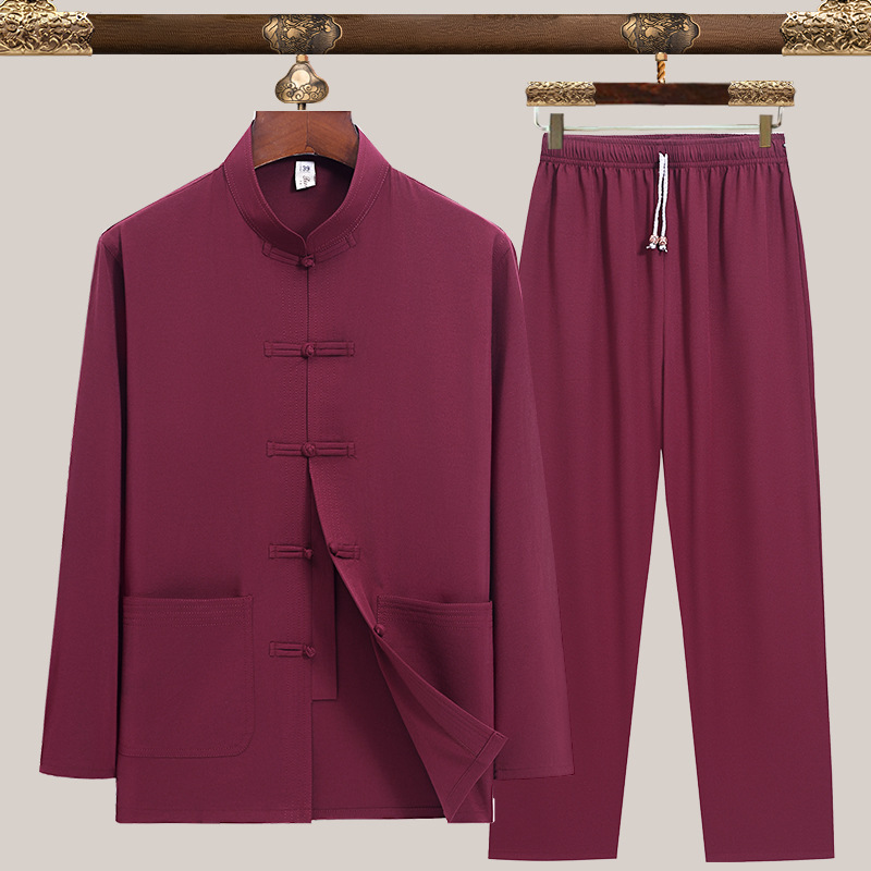 Middle-aged and elderly men's imitation cotton silk Tang suit long-sleeved suit Chinese style father Hanfu suit grandfather ancient style men's clothing