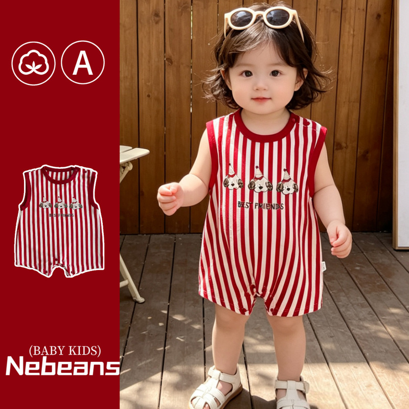 Summer New Arrivals: Sleeveless Romper for Infants and Toddlers, Red Cute Puppy Trendy Style Baby Jumpsuit