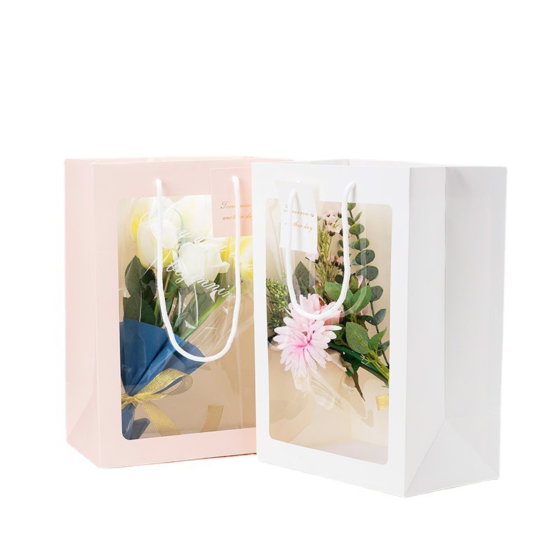 Bolsa de ventana pequeña ins regalo ramo bolsa de embalaje bolsa de papel de flores bolsa de regalo de mano bolso de regalo transparente al por mayor