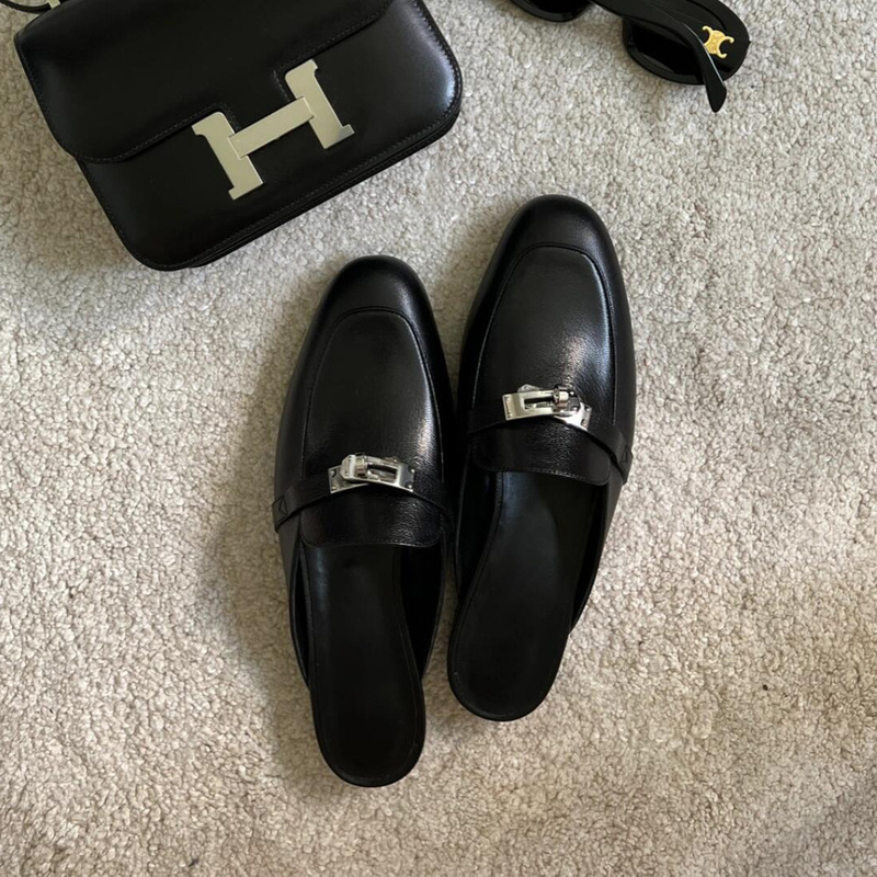 Cowhide Version ~ Genuine Leather Small Gold Buckle Baotou Mueller Slippers Women's Summer Outer Wear Flat Half Slippers Lazy Slippers