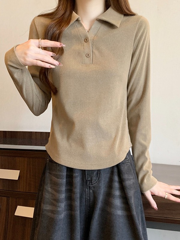 灰色不规则长袖t恤女2025新款秋季穿搭设计感polo领上衣大码胖mm|undefined