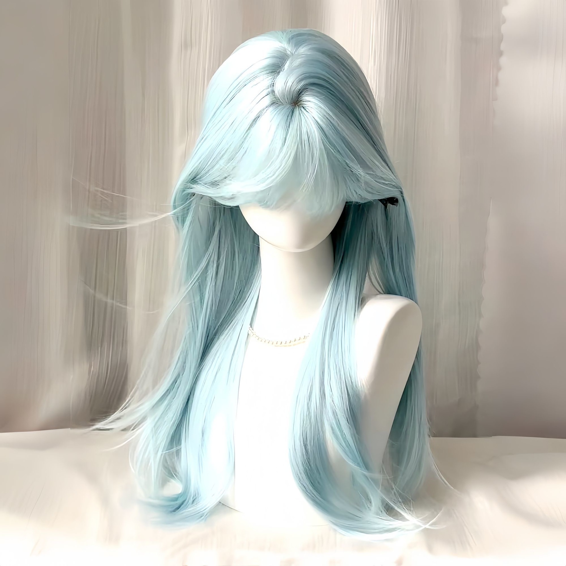 Koni Parykk [Baby Blue] Dame vår/sommer Ny stil Milk Blue Bangs Naturlig langt rett hår JK
