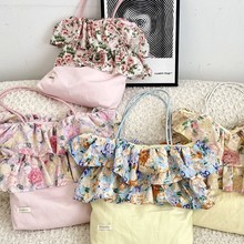 5423 新款复古玫瑰碎花拼接单肩包女荷叶边大容量通勤手提腋下包