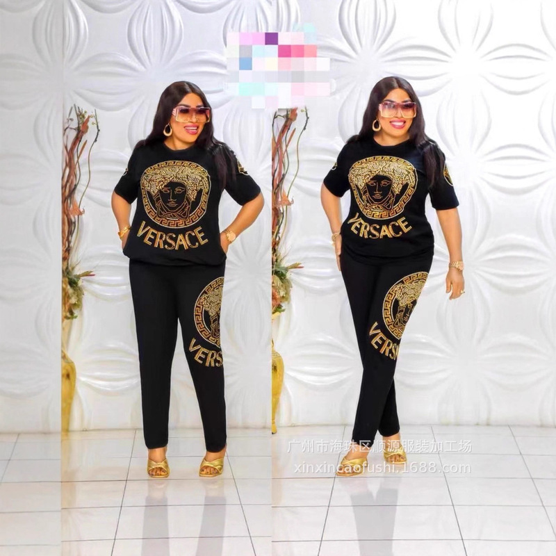 Plus Size Women's Cotton Suit, Long Short-Sleeved African Style Brand-Name Rhinestone-Embellished Gold-Stitched High-Quality Summer and Autumn Clothing for Women