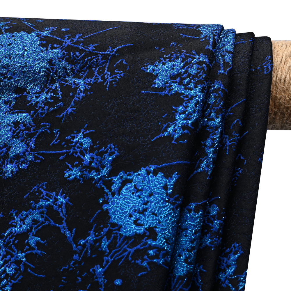 宝蓝色高档彩金丝涤丝提花面料 色织时尚服装女装面料批发