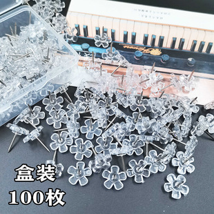 100 Transparent Ins Flower I-Shaped Pins Kindergarten Pins Creative Thumbtacks Cork Board Push Pins Office Supplies