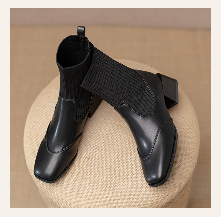 Women's Ankle Boots French Retro Square Toe Thick Heel Mid Calf_voghion.com