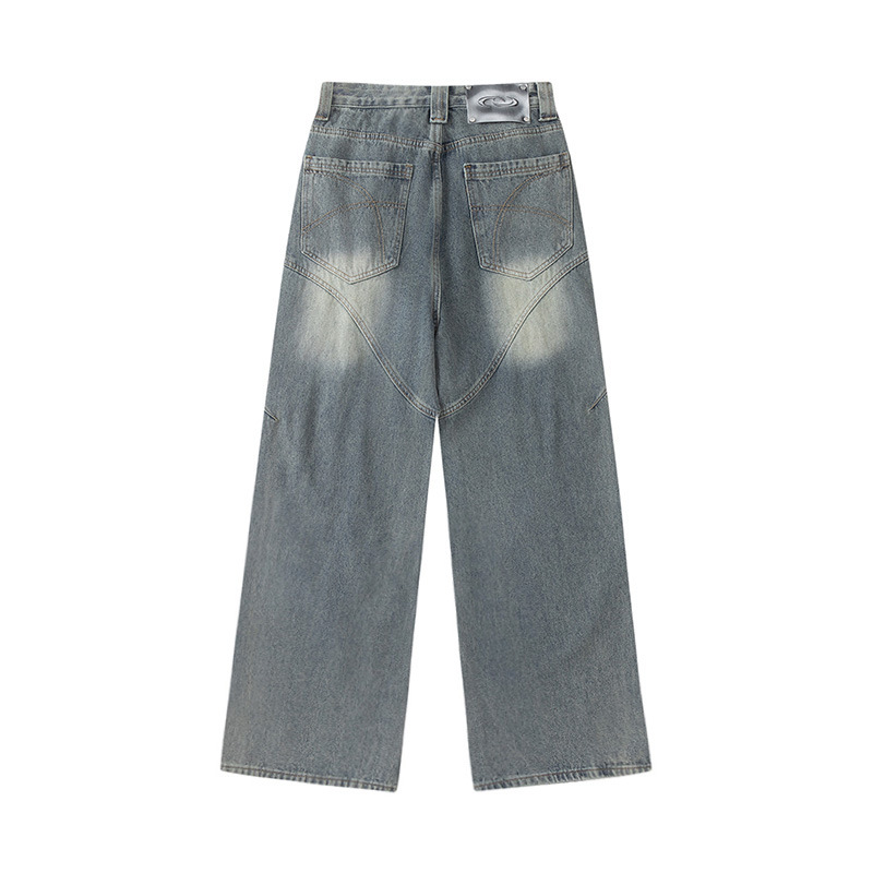 Men Women Curved Hem Jeans Loose Straight Leg Pants Trendy Casual Versatile Autumn Street Style Creative Design_mkmklike.com