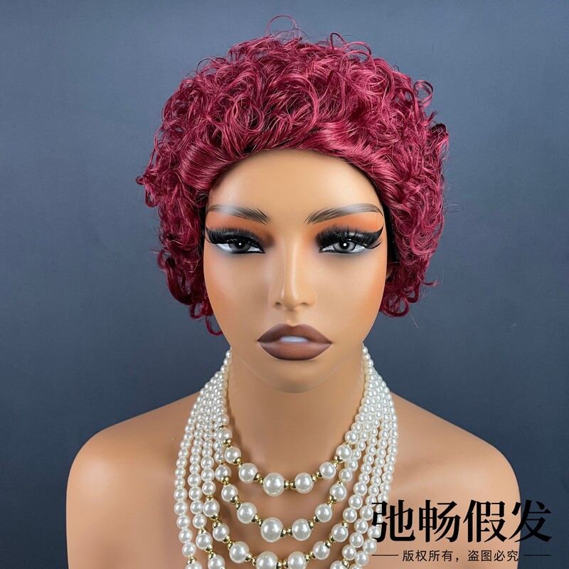 Chichang Wig Headgear Made of Real Human Hair 99J Curly Hair 100% Human Hair Pixiecut Wigs