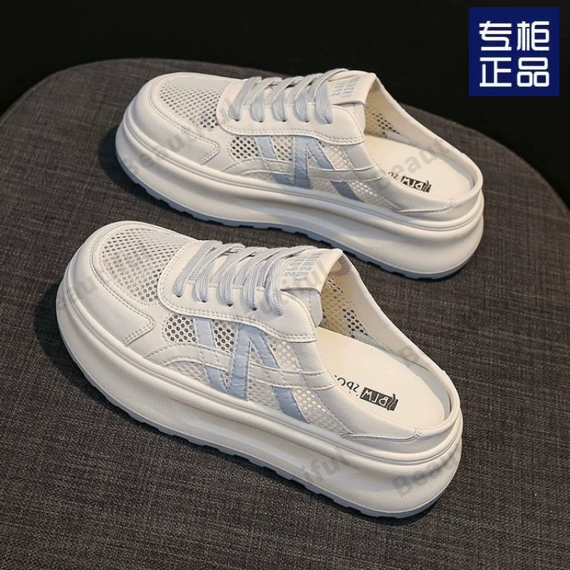 Женские летние тапочки Baotou, новинка 2025 года, дышащая кожаная белая обувь с вырезами и сеткой, полутапочки на толстой подошве на одной ноге