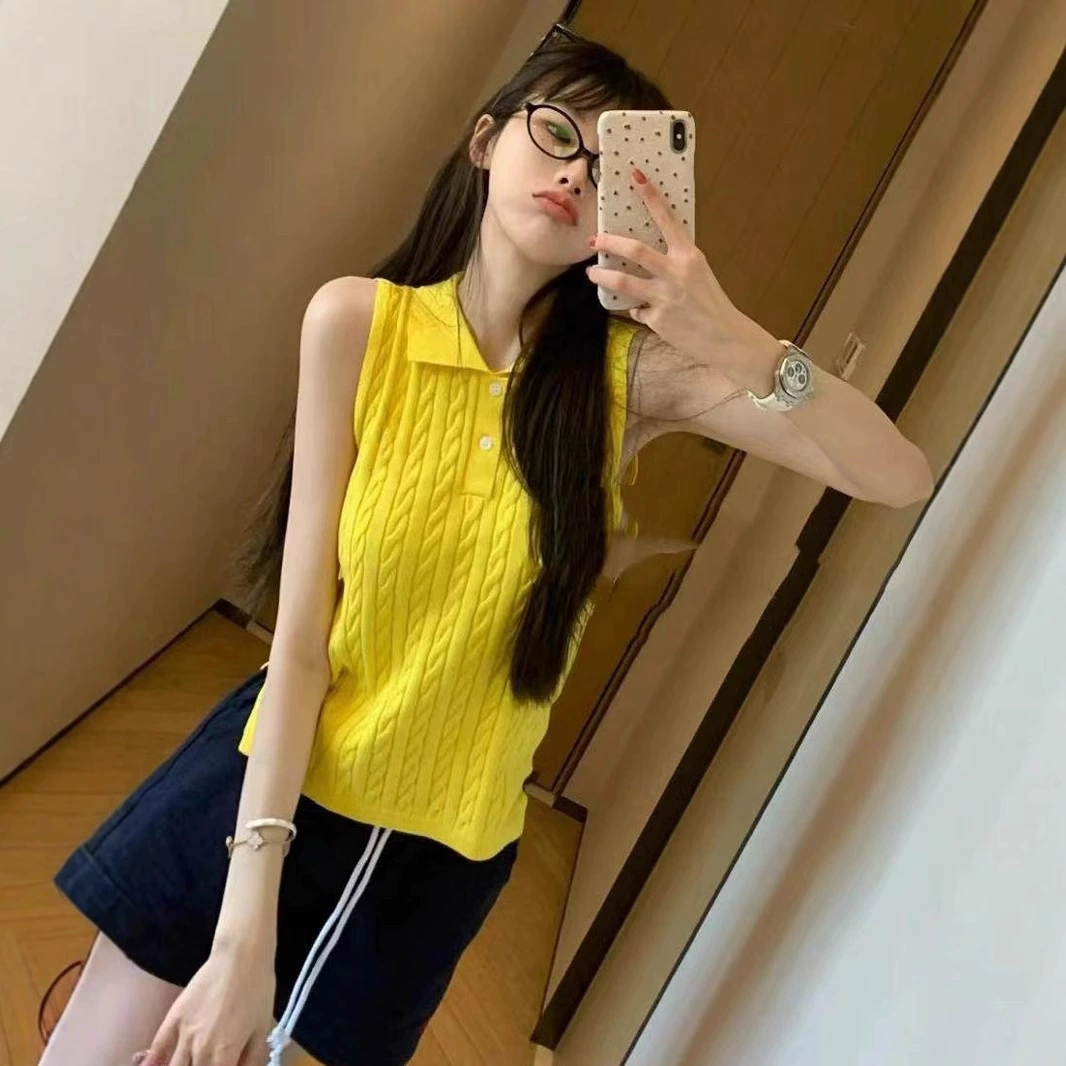 Rl раф вьём пони с вышивкой POLO воротник жилет вязаный жилет женская футболка без рукавов трикотажный свитер короткий