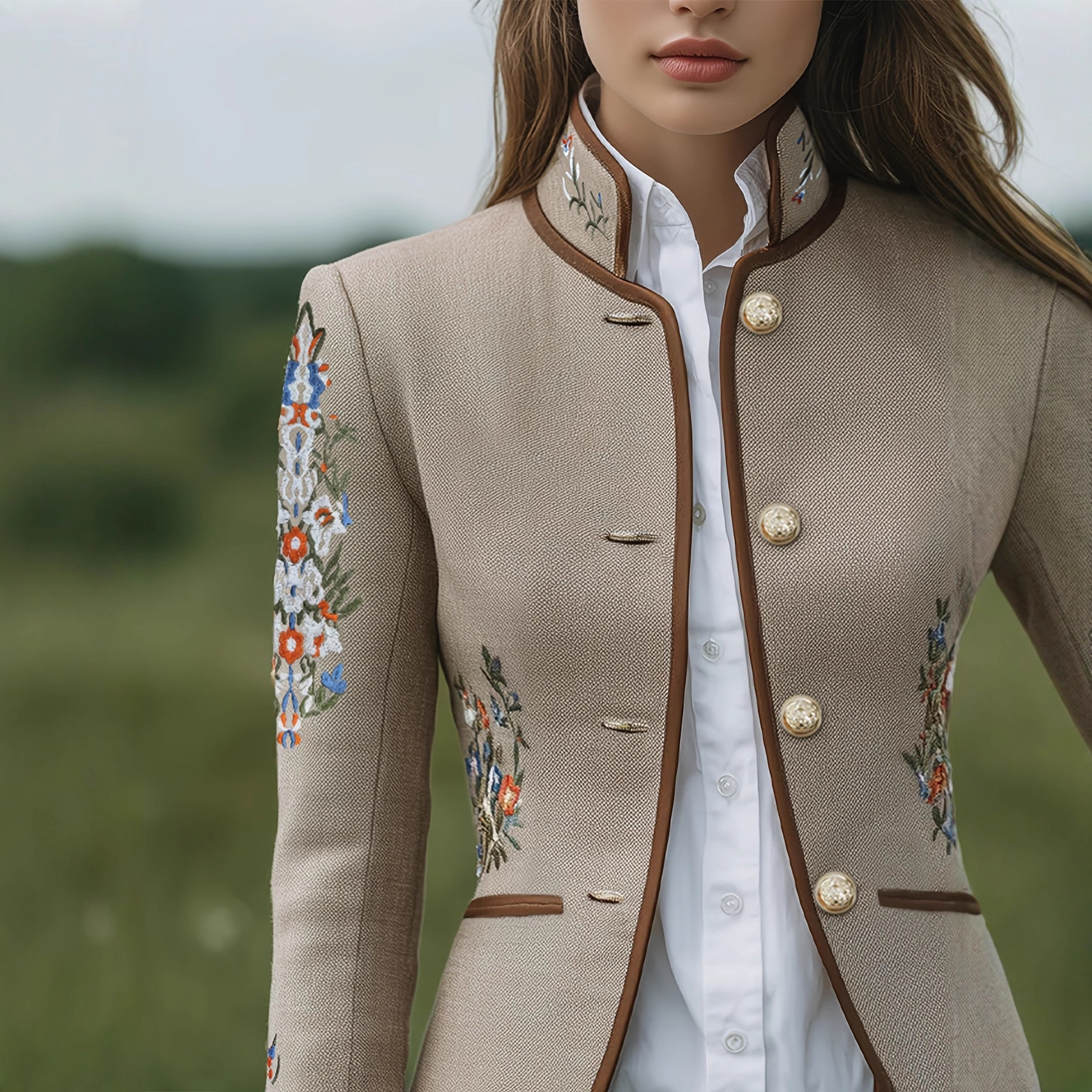 Giacca vintage con ricami floreali e colletto coreana donna_voghion.com