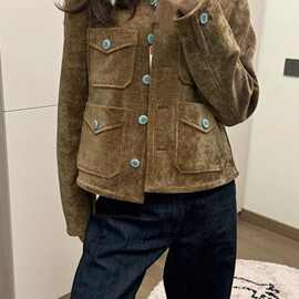 2025秋冬季新款斜纹棕色灯芯绒立秋外套新品雪尼尔正肩夹克上衣女