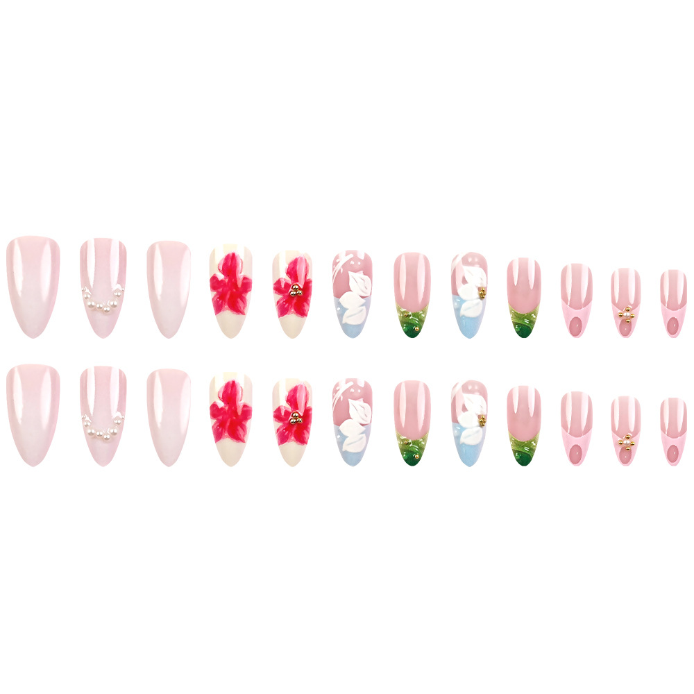 Transfronterizos estereotipos en relieve perforación de manicuras delicadas flores románticas para usar uñas de almendras 24 piezas de parche de uñas