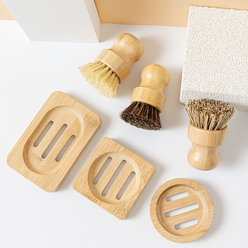 Cepillo de limpieza de cocina de punto transfronterizo Cepillo de lavado de palmera de sisal Cepillo de disco redondo de mango corto de bambú Cepillo de lavado Cepillo de olla