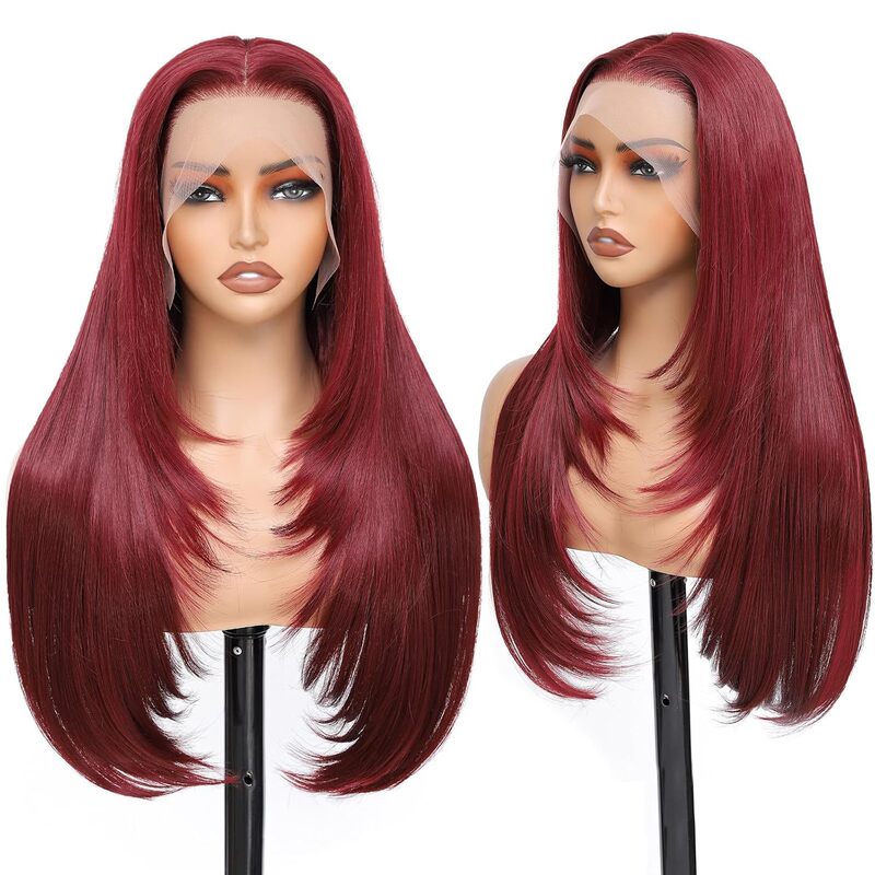 Burgundy 99J Synthetic Lace Front Wig, Glueless, Uncut Burgundy 99J Synthetic Lace Front Wig, Glueless, Uncut