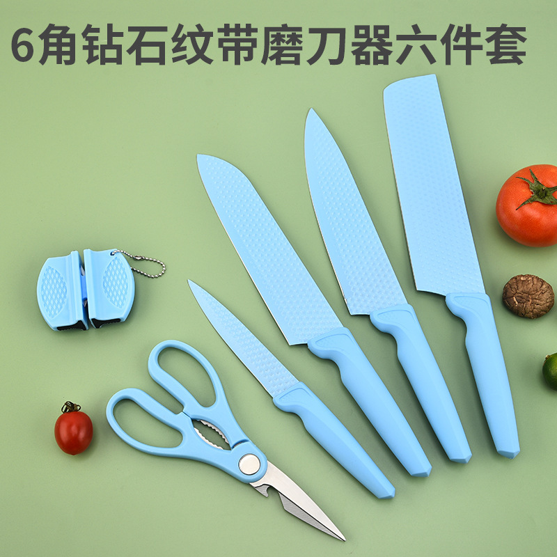 Spot al por mayor patrón de copo de nieve 6 esquinas patrón de diamante con afilador de cuchillos regalo en caja juego de cuchillos de cocina