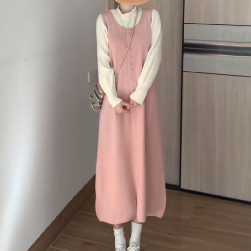 春先の優しいスタイルのルーズロングピンクベストドレス女子学生ニットボトムストップスのセット|undefined