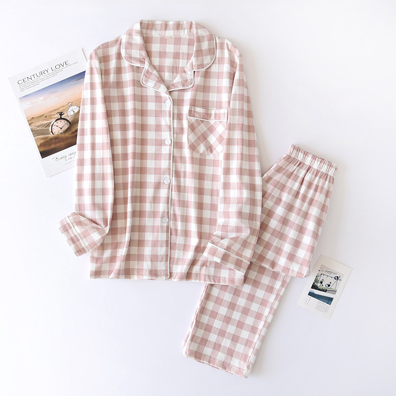 LZQピンクチェックニット長袖パジャマ