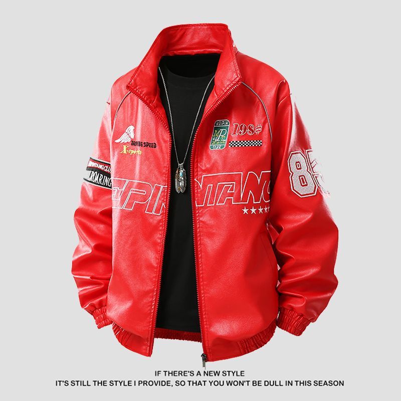 Red Leather Jacket Men's Autumn and Winter Street Pilot Motorcycle Jacket Trendy Brand Loose Handsome Top