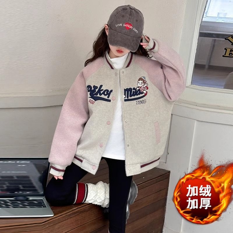 소녀 서양식 편지 야구 세트 가을과 겨울 중간 크기의 소녀 면 두꺼운 따뜻한 재킷 어린이 코트 트렌디