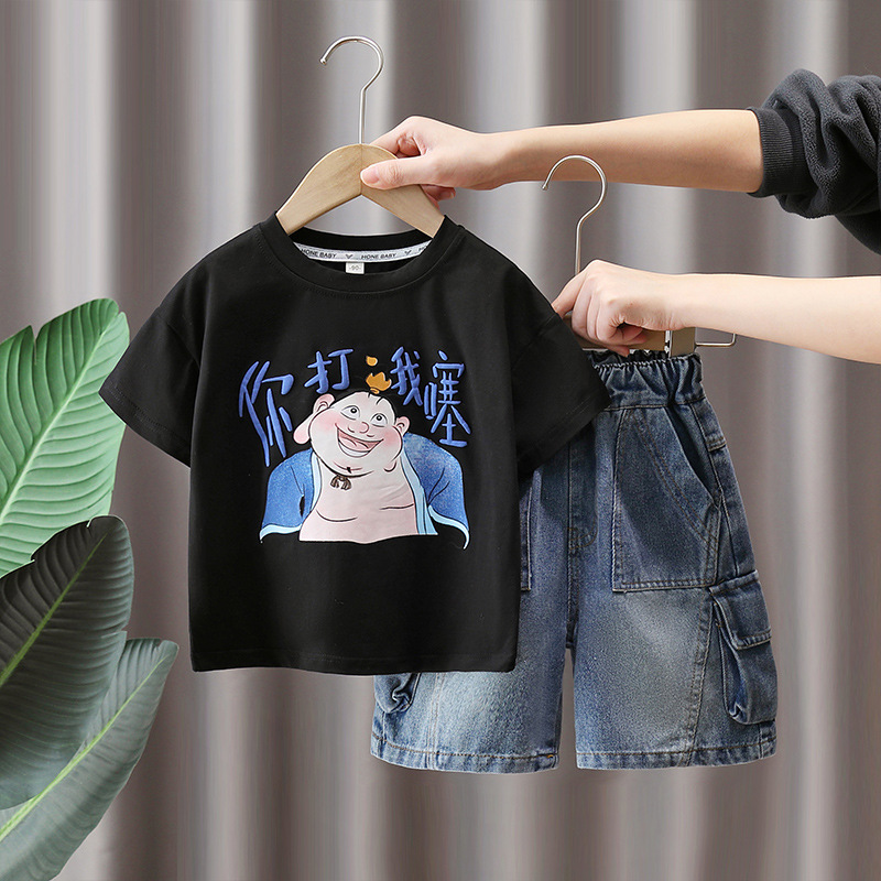 7278 Traje de verano para niños 2025 Nueva camiseta de manga corta con estampado fino de verano para niños de dos piezas de verano