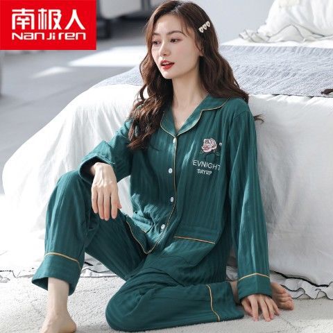 Pijamas de primavera y otoño de las mujeres más el tamaño % de algodón de manga larga traje de dos piezas Otoño e Invierno Delgado se puede usar fuera de casa