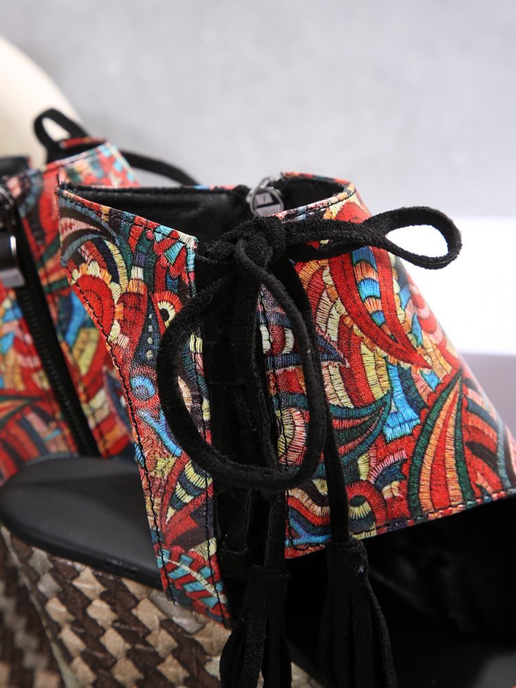 cross-border foreign trade plus size european and american wedge 2025 summer new tassel high heel peep toe platform muffin leopard print sandals women undefined