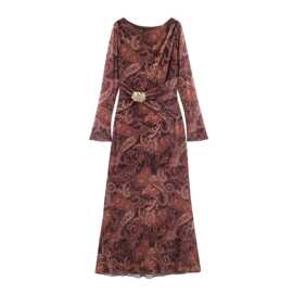 亚马逊批发春季新款女装套头船领长袖金属装饰腰带印花修身连衣裙