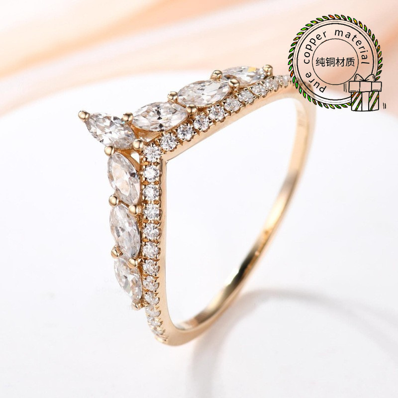 Longrui Cross-Border Hot-Selling New European and American Fashion V-Shaped Micro-Paved Zircon Marquise Engagement Copper Ring Manufacturer Wholesale