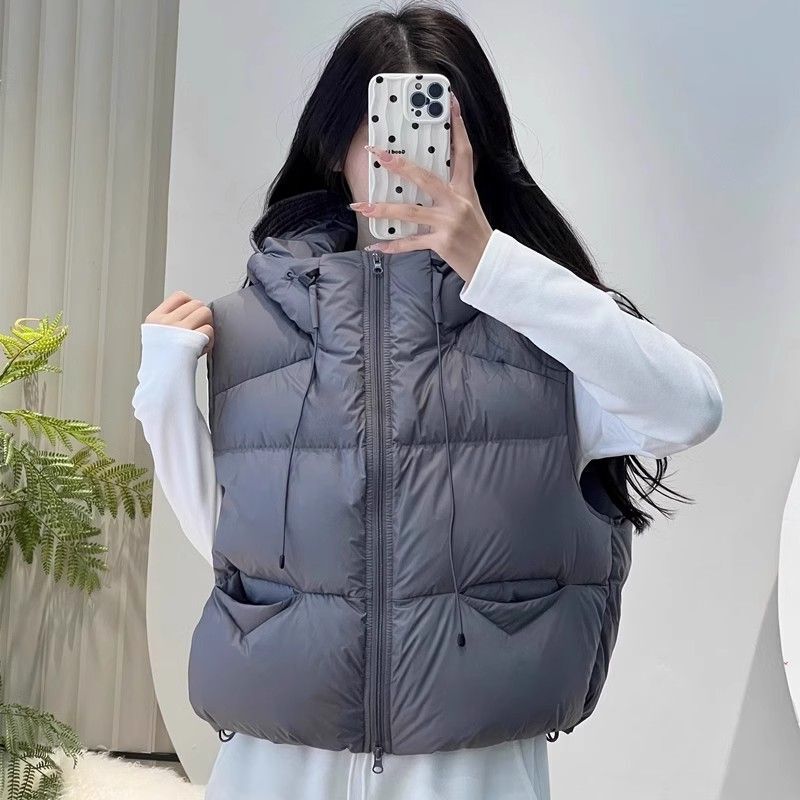 百搭秋冬季连帽短款宽松型马夹保暖2025新款泡芙超轻棉马甲女灰色|undefined