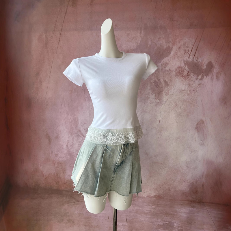 Cotton White Lace Splicing Slim Short-Sleeved Right Shoulder T-Shirt with Hem Lace Girly European Top