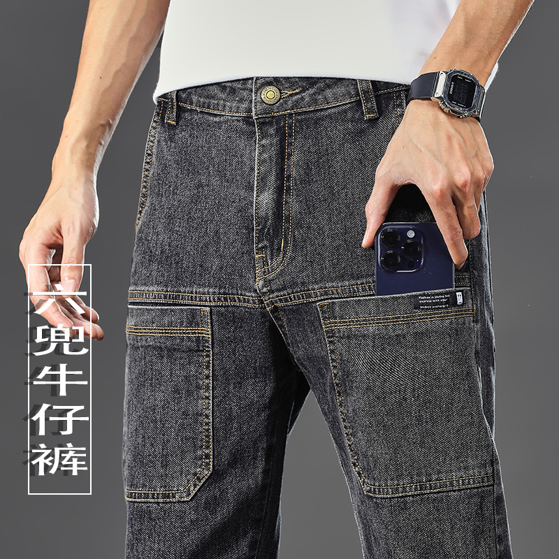 Bolsillo grande seis pantalones vaqueros de bolsillo de los hombres estiramiento rentable video corto popular pantalones de los hombres delgados pantalones rectos hombres