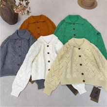 高品质秋冬新款韩系甜美镂空设计毛衣外套女手工勾花翻领毛衫