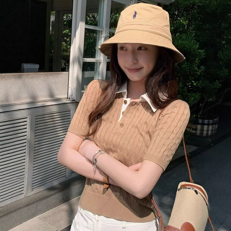 French-Style Old Money Color-Block Polo Collar Short-Sleeve Knit Top for Women, Summer Vintage Slim-Fit Regular Shoulder Cable Knit T-Shirt French-Style Old Money Color-Block Polo Collar Short-Sleeve Knit Top for Women, Summer Vintage Slim-Fit Regular Shoulder Cable Knit T-Shirt