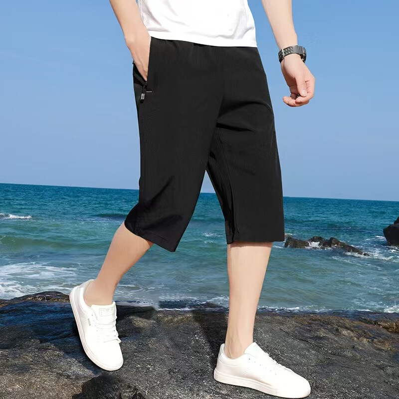 Ice Silk Cropped Pants, Thin, Quick-Drying, Casual Outerwear, Men's Shorts, Dad Outerwear, Loose and Trendy New Style Large Pants