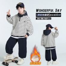 外贸童装男童加绒条纹卫衣套装大童秋冬装一体绒连帽加厚两件套潮