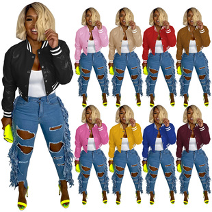 HR8237 European and American fashion women's autumn and winter New thread stretch leather casual baseball jacket